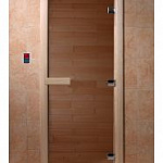 Дверь для сауны и бани стеклянная, короб осина, бронза, 8 мм, 3 петли хром квадратные, 1800х800 мм (по коробке) фото товара