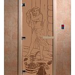 Стеклянная дверь для бани и сауны с рисунком ДЖЕНИФЕР, коробка осина, бронза матовая, 8 мм, 3 петли хром, квадратные 2000х800 мм (по коробке) фото товара