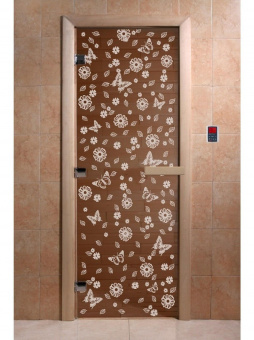 Стеклянная дверь для бани и сауны с рисунком ЦВЕТЫ И БАБОЧКИ, коробка осина, бронза, 8 мм, 3 петли хром, квадратные 1900х700 мм (по коробке) фотография