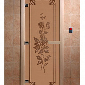 Стеклянная дверь для бани и сауны с рисунком РОЗЫ, коробка осина, бронза матовая, 8 мм, 3 петли хром, квадратные 1900х800 мм (по коробке) фото товара