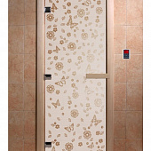Стеклянная дверь для бани и сауны с рисунком ЦВЕТЫ И БАБОЧКИ, коробка осина, сатин, 8 мм, 3 петли хром, квадратные 2000х800 мм (по коробке) фото товара