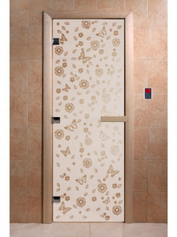 Стеклянная дверь для бани и сауны с рисунком ЦВЕТЫ И БАБОЧКИ, коробка осина, сатин, 8 мм, 3 петли хром, квадратные 2000х800 мм (по коробке) фотография