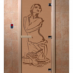 Стеклянная дверь для бани и сауны с рисунком ИСКУШЕНИЕ, коробка осина, бронза матовая, 8 мм, 3 петли хром, квадратные 1900х800 мм (по коробке) фото товара
