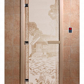 Стеклянная дверь для бани и сауны с рисунком БАНЬКА В ЛЕСУ, коробка осина, сатин, 8 мм, 3 петли хром, квадратные 1900х800 мм (по коробке) фото товара
