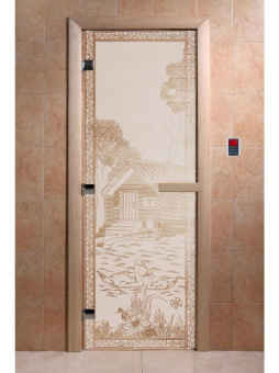 Стеклянная дверь для бани и сауны с рисунком БАНЬКА В ЛЕСУ, коробка осина, сатин, 8 мм, 3 петли хром, квадратные 1900х800 мм (по коробке) фотография