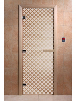 Стеклянная дверь для бани и сауны с рисунком МИРАЖ, коробка осина, сатин, 8 мм, 3 петли хром, квадратные 1800х800 мм (по коробке) фотография