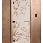 Стеклянная дверь для бани и сауны с рисунком КАМЫШОВЫЙ РАЙ, коробка осина, сатин, 8 мм, 3 петли хром, квадратные 1900х700 мм (по коробке) фото товара