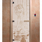 Стеклянная дверь для бани и сауны с рисунком ДЖЕНИФЕР, коробка осина, сатин, 8 мм, 3 петли хром, квадратные 1800х800 мм (по коробке) фото товара