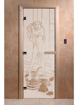 Стеклянная дверь для бани и сауны с рисунком ДЖЕНИФЕР, коробка осина, сатин, 8 мм, 3 петли хром, квадратные 1800х800 мм (по коробке) фотография