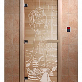 Стеклянная дверь для бани и сауны с рисунком ДЖЕНИФЕР, коробка осина, прозрачная, 8 мм, 3 петли хром, квадратные 2000х800 мм (по коробке) фото товара