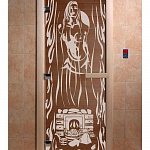 Стеклянная дверь для бани и сауны с рисунком ГОРЯЧИЙ ПАР, коробка осина, бронза, 8 мм, 3 петли хром, квадратные 1800х800 мм (по коробке) фото товара