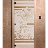 Стеклянная дверь для бани и сауны с рисунком "Япония", коробка осина, сатин, 8 мм, 3 петли хром, квадратные 1800х800 мм (по коробке) фото товара