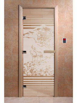Стеклянная дверь для бани и сауны с рисунком "Япония", коробка осина, сатин, 8 мм, 3 петли хром, квадратные 1800х800 мм (по коробке) фотография