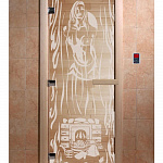 Стеклянная дверь для бани и сауны с рисунком ГОРЯЧИЙ ПАР, коробка осина, прозрачная, 8 мм, 3 петли хром, квадратные 2000х800 мм (по коробке) фото товара