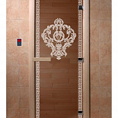 Стеклянная дверь для бани и сауны с рисунком ВЕРСАЧЕ, коробка осина, бронза, 8 мм, 3 петли хром, квадратные 1900х700 мм (по коробке) фото товара