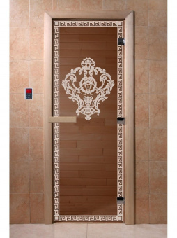 Стеклянная дверь для бани и сауны с рисунком ВЕРСАЧЕ, коробка осина, бронза, 8 мм, 3 петли хром, квадратные 1900х700 мм (по коробке) фотография