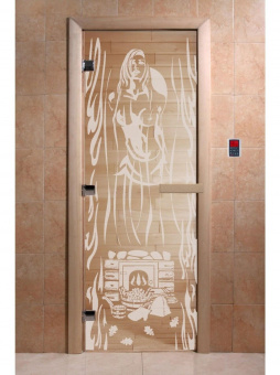 Стеклянная дверь для бани и сауны с рисунком ГОРЯЧИЙ ПАР, коробка осина, прозрачная, 8 мм, 3 петли хром, квадратные 1800х800 мм (по коробке) фотография