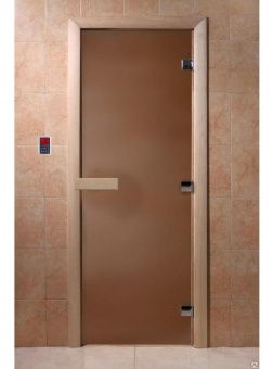 Дверь для сауны и бани стеклянная, короб осина, бронза матовая, 8 мм, 3 петли хром квадратные, 1800х700 мм (по коробке) фотография