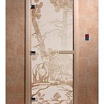 Стеклянная дверь для бани и сауны с рисунком МИШКИ, коробка осина, сатин, 8 мм, 3 петли хром, квадратные 1900х800 мм (по коробке) фото товара