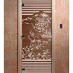 Стеклянная дверь для бани и сауны с рисунком "Япония", коробка осина, бронза, 8 мм, 3 петли хром, квадратные 2000х800 мм (по коробке) фото товара