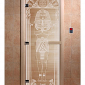 Стеклянная дверь для бани и сауны с рисунком ЕГИПЕТ, коробка осина, прозрачная, 8 мм, 3 петли хром, квадратные 1800х800 мм (по коробке) фото товара