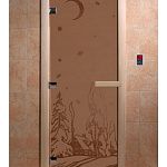 Стеклянная дверь для бани и сауны с рисунком ЗИМА, коробка осина, бронза матовая, 8 мм, 3 петли хром, квадратные 1900х700 мм (по коробке) фото товара