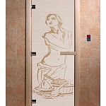 Стеклянная дверь для бани и сауны с рисунком ИСКУШЕНИЕ, коробка осина, сатин, 8 мм, 3 петли хром, квадратные 2000х800 мм (по коробке) фото товара