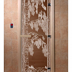 Стеклянная дверь для бани и сауны с рисунком БЕРЕЗКА, коробка осина, бронза, 8 мм, 3 петли хром, квадратные 2000х800 мм (по коробке) фото товара