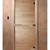 Дверь для сауны и бани стеклянная, короб осина, прозрачная, 8 мм, 3 петли хром квадратные, 1700х700 мм (по коробке) фото товара