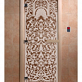 Стеклянная дверь для бани и сауны с рисунком ФЛОРЕНЦИЯ, коробка осина, бронза, 8 мм, 3 петли хром, квадратные 1900х800 мм (по коробке) фото товара