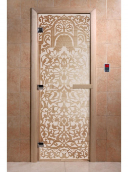 Стеклянная дверь для бани и сауны с рисунком ФЛОРЕНЦИЯ, коробка осина, сатин, 8 мм, 3 петли хром, квадратные 1900х700 мм (по коробке) фотография