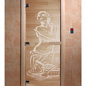 Стеклянная дверь для бани и сауны с рисунком ИСКУШЕНИЕ, коробка осина, прозрачная, 8 мм, 3 петли хром, квадратные 2000х800 мм (по коробке) фото товара