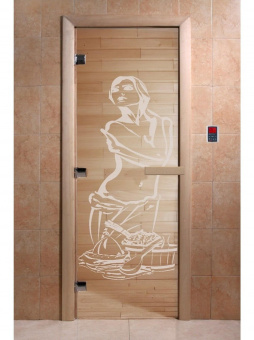 Стеклянная дверь для бани и сауны с рисунком ИСКУШЕНИЕ, коробка осина, прозрачная, 8 мм, 3 петли хром, квадратные 2000х800 мм (по коробке) фотография