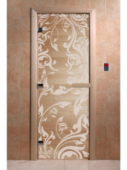Стеклянная дверь для бани и сауны с рисунком ВЕНЕЦИЯ, коробка осина, прозрачная, 8 мм, 3 петли хром, квадратные 2000х800 мм (по коробке) фотография