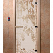 Стеклянная дверь для бани и сауны с рисунком БЕРЕЗКА, коробка осина, сатин, 8 мм, 3 петли хром, квадратные 1900х700 мм (по коробке) фото товара