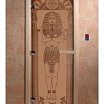 Стеклянная дверь для бани и сауны с рисунком ЕГИПЕТ, коробка осина, бронза матовая, 8 мм, 3 петли хром, квадратные 2000х800 мм (по коробке) фото товара