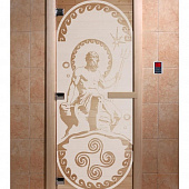 Стеклянная дверь для бани и сауны с рисунком ПОСЕЙДОН, коробка осина, сатин, 8 мм, 3 петли хром, квадратные 1900х800 мм (по коробке) фото товара