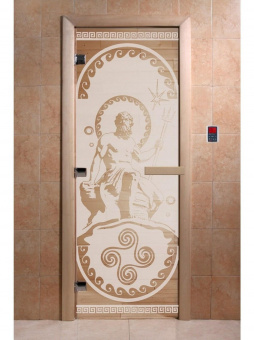 Стеклянная дверь для бани и сауны с рисунком ПОСЕЙДОН, коробка осина, сатин, 8 мм, 3 петли хром, квадратные 1900х800 мм (по коробке) фотография