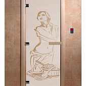 Стеклянная дверь для бани и сауны с рисунком ИСКУШЕНИЕ, коробка осина, сатин, 8 мм, 3 петли хром, квадратные 1900х700 мм (по коробке) фото товара