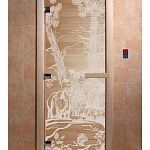 Стеклянная дверь для бани и сауны с рисунком МИШКИ, коробка осина, прозрачная, 8 мм, 3 петли хром, квадратные 2000х800 мм (по коробке) фото товара
