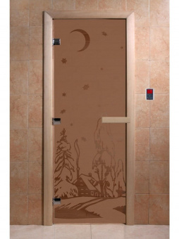 Стеклянная дверь для бани и сауны с рисунком ЗИМА, коробка осина, бронза матовая, 8 мм, 3 петли хром, квадратные 1800х800 мм (по коробке) фотография