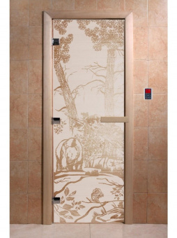 Стеклянная дверь для бани и сауны с рисунком МИШКИ, коробка осина, сатин, 8 мм, 3 петли хром, квадратные 2000х800 мм (по коробке) фотография