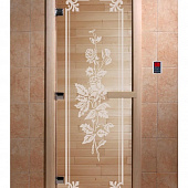 Стеклянная дверь для бани и сауны с рисунком РОЗЫ, коробка осина, прозрачная, 8 мм, 3 петли хром, квадратные 1900х800 мм (по коробке) фото товара