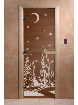 Стеклянная дверь для бани и сауны с рисунком ЗИМА, коробка осина, бронза, 8 мм, 3 петли хром, квадратные 2000х800 мм (по коробке) фотография