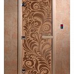 Стеклянная дверь для бани и сауны с рисунком ХОХЛОМА, коробка осина, бронза матовая, 8 мм, 3 петли хром, квадратные 1900х700 мм (по коробке) фото товара