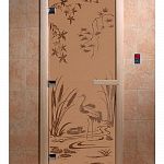 Стеклянная дверь для бани и сауны с рисунком КАМЫШОВЫЙ РАЙ, коробка осина, бронза матовая, 8 мм, 3 петли хром, квадратные 2000х800 мм (по коробке) фото товара