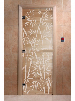 Стеклянная дверь для бани и сауны с рисунком БАМБУК И БАБОЧКИ, коробка осина, прозрачная, 8 мм, 3 петли хром, квадратные 1900х700 мм (по коробке) фотография