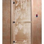 Стеклянная дверь для бани и сауны с рисунком БЕРЕЗКА, коробка осина, прозрачная, 8 мм, 3 петли хром, квадратные 1800х800 мм (по коробке) фото товара