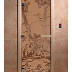 Стеклянная дверь для бани и сауны с рисунком МИШКИ, коробка осина, бронза матовая, 8 мм, 3 петли хром, квадратные 2000х800 мм (по коробке) фото товара