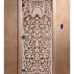 Стеклянная дверь для бани и сауны с рисунком ФЛОРЕНЦИЯ, коробка осина, бронза, 8 мм, 3 петли хром, квадратные 2000х800 мм (по коробке) фото товара